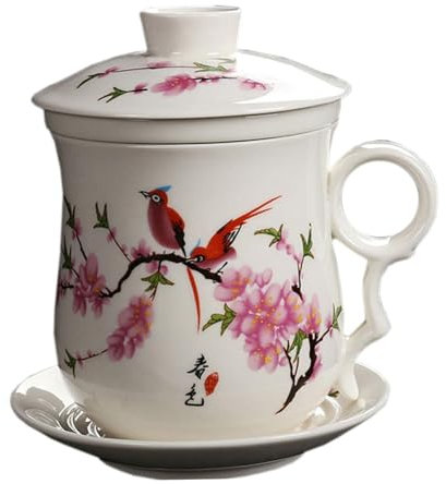 Tasse de Thé en Céramique avec Infuseur - Ensemble 4 Pièces avec Couvercle, Design Vintage Floral de Pêche - Idéal pour Cadeau d'Affaires