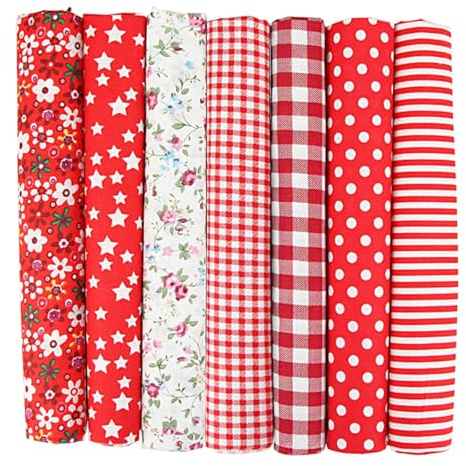 Yuiturt 7 stycken bomullstyg, tygpaket, 50 x 50 cm, rött tygset för lapptäcke, sömnad, quiltning och pyssel, tygrester för sömnad, olika mönster, tyg röd