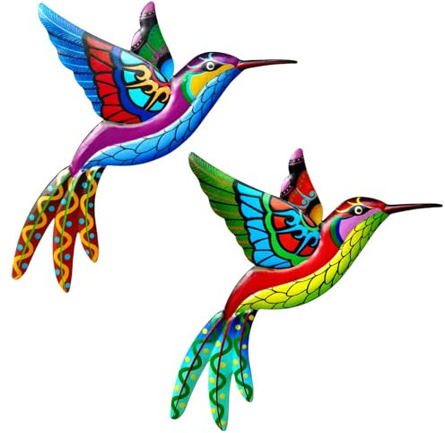 Metal Hummingbird Wall Art Decor, 2 Pcs Wrought Iron Colorful Hummingbird Sculptures Hanging Decoration Fence Ornaments Garden Hanging Bird Wall Ornaments Wall Art For Outdoor Garden Fence Decor