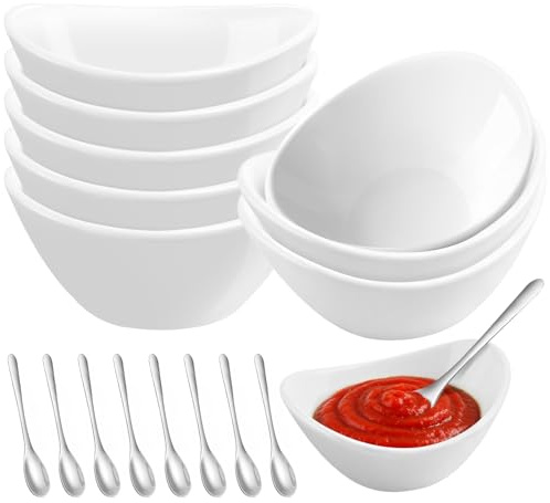 Ferenando 8 Piezas Cuencos de Cerámica para Salsa con 8 Cuchara, 60ml Pequeños Cuencos Aperitivos, Mini Ovalado Platos de Ceramica para Sushi, Aperitivos, Postres, Snacks, Frutas (Blanco)