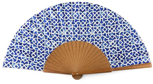 Hamzah Abanico Hecho a Mano en España – Seda Natural y Madera de Kotibé, 23 cm, Regalo Artesanal con Funda, Diseño Elegante de la Colección Mosaicos Alhambra (Alcazaba Azul)