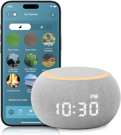 Santebee Sound Machine for Sleep White Noise Machine for Adults Night Light, Luna Pro 507 Soothing Sounds, Dual-stage Alarm&Snooze, Smart App Control Custom Buttons, Dimmable Clock Timer for Baby Kids