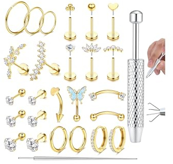 Adramata 27Pcs Tragus Helix Piercings Chirurgenstahl Nasenpiercing Labret 16G Lippenpiercing Hypoallergen Knorpel Conch Ohrringe Piercing Ohr Silber/Gold/Rosegold