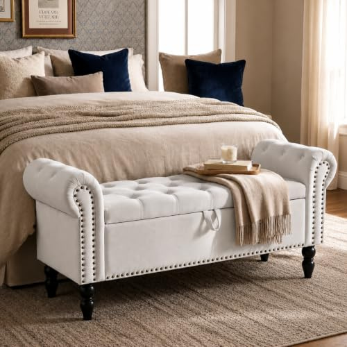 Clevich Ottoman Storage Bench, Velvet End of Bed Storage Box with Lid, Sturdy Wood Legs Footrest, 168KG Load Capacity, Sofa Bench for Bedroom/Living Room, 133x53x46cm
