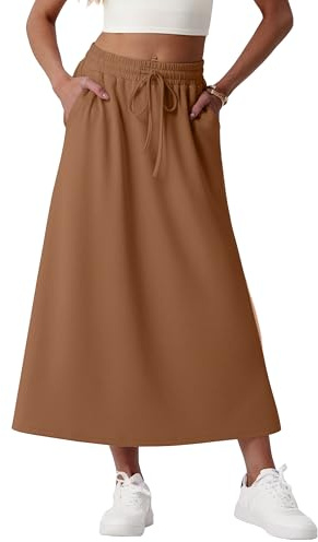 GRECERELLE Jupe longue pour femme avec poches, taille élastique, jupe longue trapèze, jupe d'été midi en mélange de modal, jupe décontractée pour le quotidien et les vacances