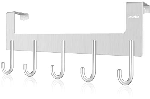 ACMETOP Over the Door Hook Hanger, Heavy-duty Storage for Coat, Towel, Bag, Robe - 5 Hooks, Aluminum, Brush Finish (Silver)