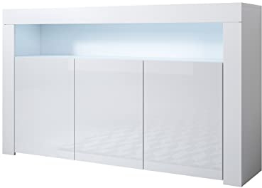 MB Muebles Bonitos - Buffet Salle à Manger Aker - Bahut Salon Design Moderne avec Éclairage LED - 3 Portes - Meuble de Rangement - Blanc Brillant - 155 x 91,5 x 37 cm
