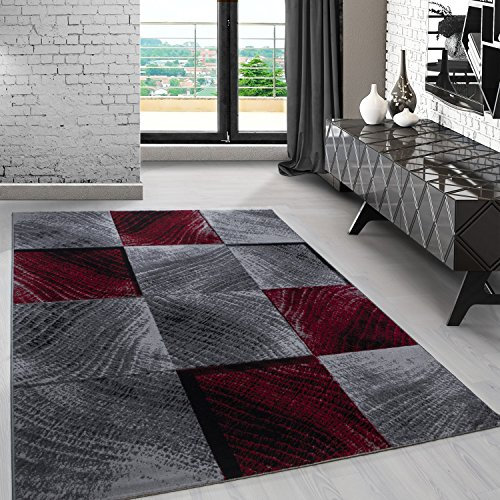 Carpetsale24 Teppich 80x150 cm Schwarz Rot Kurzflor Abstrakt Karo Design Moderner Läufer für Wohnzimmer Schlafzimmer Flur Küche Esszimmer Kinderzimmer Pflegeleicht Weich