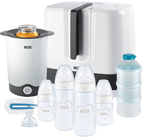 NUK First Choice+ Complete Feeding Set | Vario Express Steriliser, 4x Baby Bottles, Bottle Warmer, Bottle Brush & More | Hearts (Neutral) | 9 Count