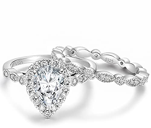 EAMTI 1.5CT 925 Sterling Silver Bridal Ring Sets Teardrop CZ Engagement Vintage Pear Promise Rings Marquise Wedding Bands for Women Size 9