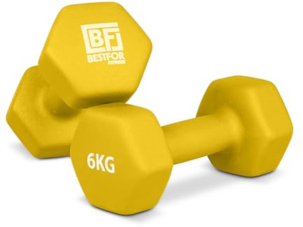 Bestfor Pair of 6kg Hex Anti Roll Non Slip Neoprene Dumbbell Weights For Exercise, Fitness, Workouts, Lifting with Exercise Chart