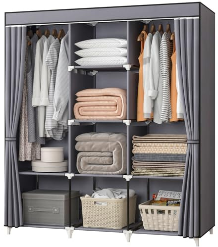 KEKIWE Portable Closet, 51 Inch Wardrobe Closet for Hanging Clothes with 2 Hanging Rods, 8 Storage Organizer Shelves for Bedroom, Durable and Easy to Assemble, Grey