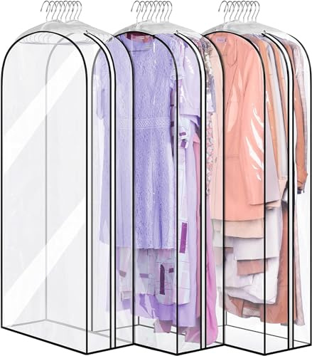 MISSLO 25cm Gusseted Clear Clothes Covers 60 x 127cm Suit Covers Bags Dustproof Dress Garment Bags Hanging Storage Protectors for Coats, Gowns, 3 Packs