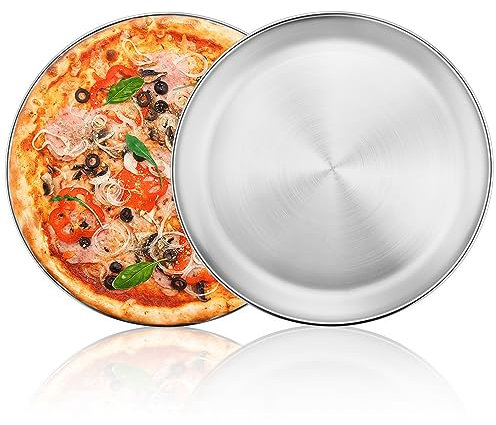 Joyfair Pizzablech, 26cm Pizzaform Rund 2er Set, Edelstahl Pizza Backblech zum Backen & Servieren, Ideal für Pizza/Flammkuchen/Knusperblech, Gesund & Langlebig, Spülmaschinenfest
