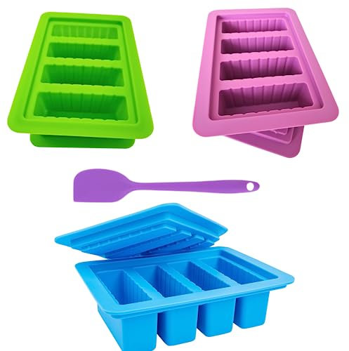 Lot de 3 moules à beurre en silicone avec spatule en silicone, récipient avec couvercle, 4 formes de bâtonnets pour la fabrication d'herbes, de beurre, de bougies, de biscuits (3)