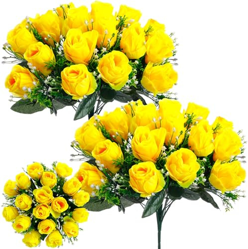 Riceshoot 2 Bouquets Cemetery Flowers for Grave Memorial 18 Heads Artificial Flowers Cemetery Day Silk Grave Faux Roses Arrangements for Mother's Day Headstones Tombstone Decor(Yellow)