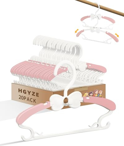 HGYZE Baby Hangers for Kids Clothes Closet, Adjustable Infant Baby Coat Hangers 0-12 Months, 20pcs Extendable Toddler Hanger for Children Girl, Non-Slip Pink Nursery Hanger with White Bow