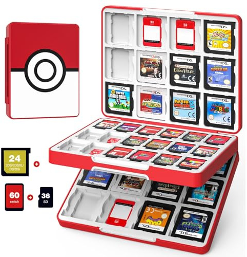 MoKo 60 Game Card Case for Nintendo Switch 2 / Switch OLED / 3DS / 3DSXL, Portable Storage Holder Case for 60 Switch 2 Game Cartridges & 24 3DS Card & 36 Micro SD Cards, Red Ball