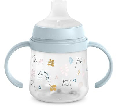 Suavinex, Flasche mit Griffen, Baby-Lerntasse mit weichem Silikon-Trinkschnabel, Anti-Kolik-System, Kinder-Trinkflasche mit Griffen, auslaufsicher, spülmaschinenfest, +6 Monate, 150 ml, Bears Blau