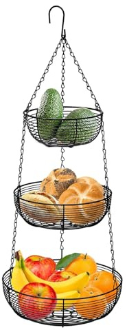 Accmuzzy 3-Etagen Obstkorb Hängend,Metall Schwarz Hängender Obstkorb mit Haken,Verstellbarer Hängekorb für Küche,Ideal zur Aufbewahrung von Obst,Gemüse,Brot und Lebensmitteln