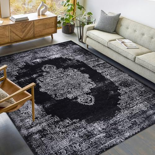 NETLINE HOME Türkischer Teppich, maschinenwaschbar, für Haustiere und Kinder, klassisches orientalisches Design für Wohnzimmer, Schlafzimmer, Küche, rutschfest, Schwarz, 160 x 230 cm