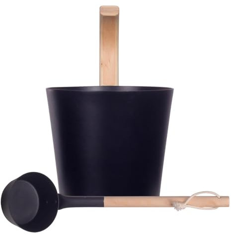 Aluminium Saunakübel Mit Kelle Und Sanduhr - Metall Sauna Kübel - Aufgusseimer Set 3tlg. Saunaeimer - Leichter Eimer Mit Griff - Schwarz Natur, Luxuriöser Finnischer Sauna Aluminium Eimer