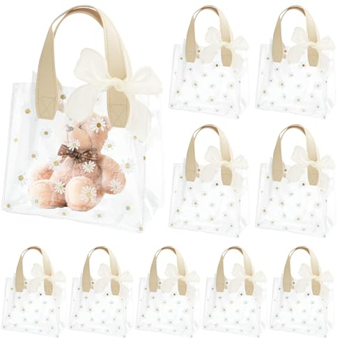 10 stycken presentpåsar små med band, 18 x 20 x 10 cm återanvändbar PVC transparent påse, presentfolie blomma transparent för presentförpackning bröllop födelsedag boutique (vit)