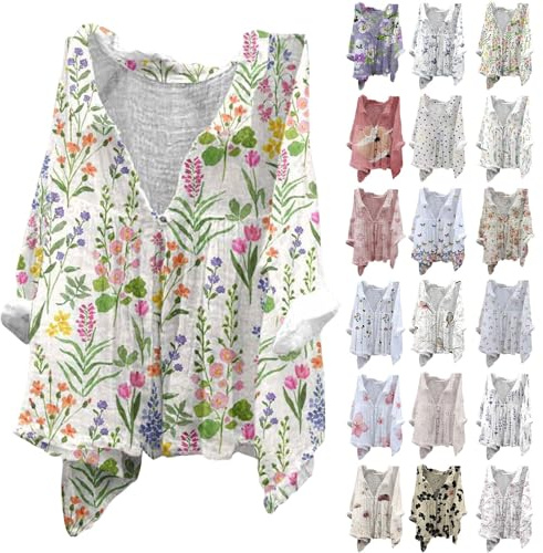 Linneblus damer långärmad stora storlekar, blustoppar, blommönster, tunika, v-ringad t-shirt, överdimensionerade lösa toppar, lätt och andas, sommarskjorta, boho-stativ