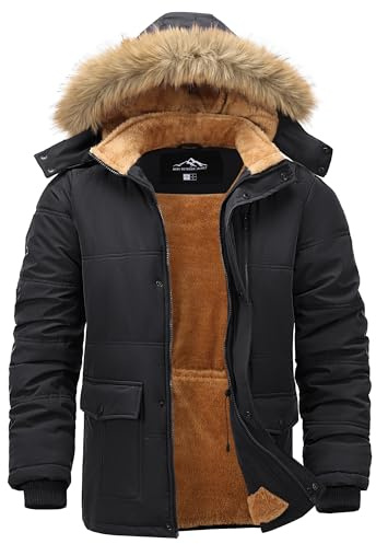 Peakwell Men's Warm Winter Jacket Waterproof Fleece Lining Puffer Coat Outdoor Thermal Long Parka Jacket with Detachable Hood, Black, S