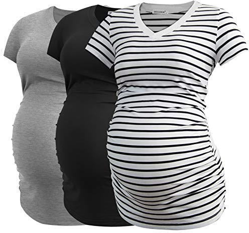 Smallshow Women's V Neck Maternity Clothes Tops Side Ruched Pregnancy T Shirt 3-Pack Black-Light Grey-White Stripe,XXL