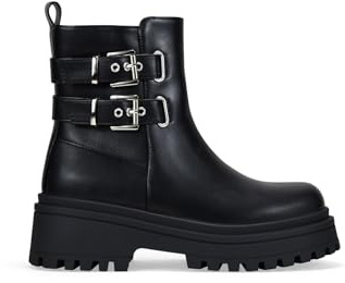 BOSANOVA Botines para Mujer con Dos Hebillas Decorativas y Suela grabada con cuña de 5.6 cm. Cierre con Cremallera Interior. Calzado para Mujer Negro 40