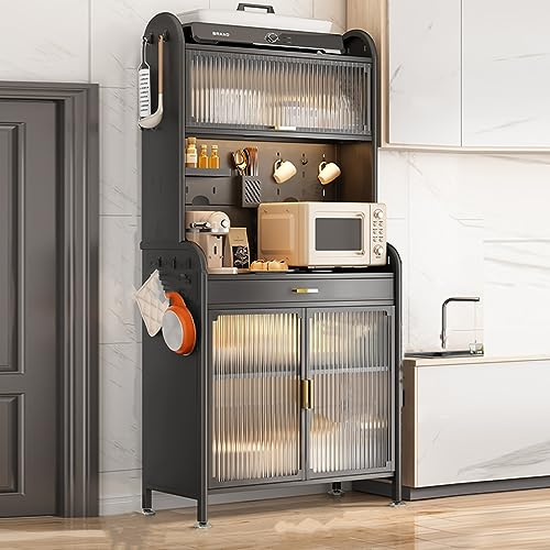 5 Tier Kitchen Storage Etagere Clear Door Rolling Cart DIY Basket Versatile Kitchen Furniture Modern Black Design for Efficient Space Management