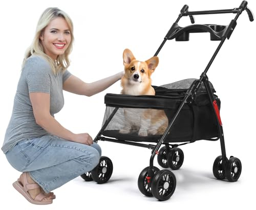 Masiunoz Poussette pour animaux de compagnie à 4 roues, transporteur voyage pliable chien et chat avec poignée réglable, maille respirante, porte-gobelet chiens petite moyenne taille jusqu'à 22 N