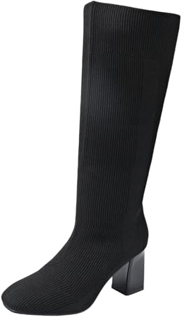 Stivali elasticizzati a maglia con tacco alto medio altezza polpaccio, tacco grosso, stivaletti alla moda, comodi stivali invernali, Nero , 39 EU