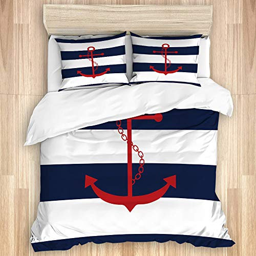 KASMILN Bettwäsche Set,Roter Anker nautischdruck auf Marine Blau und Weiß Streifen,1 Bettbezug 135x200cm+2 Kopfkissenbezug 50x80cm