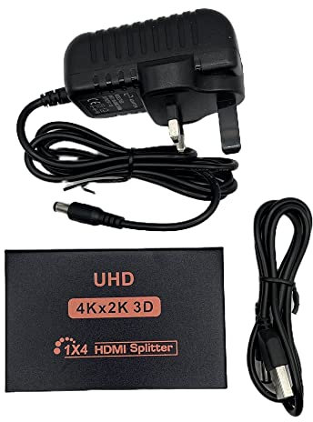 Multibao HDMI Splitter 1 in 4 Out, 4K 4 Way HDMI Splitter, Aluminum Powered HDMI Switch Ver 1.4 HDCP Bypass, Supports 4K@30Hz 1080P 3D for PS3 PS4 Xbox HDTV with UK Power Plug…