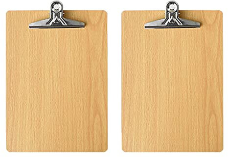 2 Stücke A4 Klemmbretter, Schreibbrett, Büro Zwischenablage, mit Stabilem Federgriff und Versteckten Hängelöchern, für Büros, Schulen, Restaurants, Krankenhäuser(Holzfarbe)