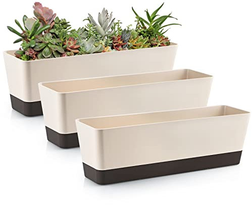 Skelang 3 Pcs 42.5cm Rectangle Flower Pot, Succulent Planter with Drainage Holes and Tray, Vegetable Long Trough Container for Windowsills, Balconies, Tables (Coffee)