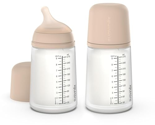 Suavinex, Confezione 2 Biberon Anticolica Zero Zero 270 ml e Tettarella Flusso Medio (M) in Silicone, +3 Mesi, Latte Materno, in Formula e Liquidi a Media Densità, Compatibile con Allattamento, Light