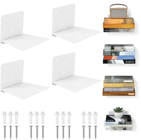FENTEC Étagère Flottantes pour Livres, Étagères Invisibles Murale Livre, Bibliotheque Murale en Métal pour la Décoration de la Chambre à Coucher, du Bureau et de la Maison, Lot de 4, Blanc