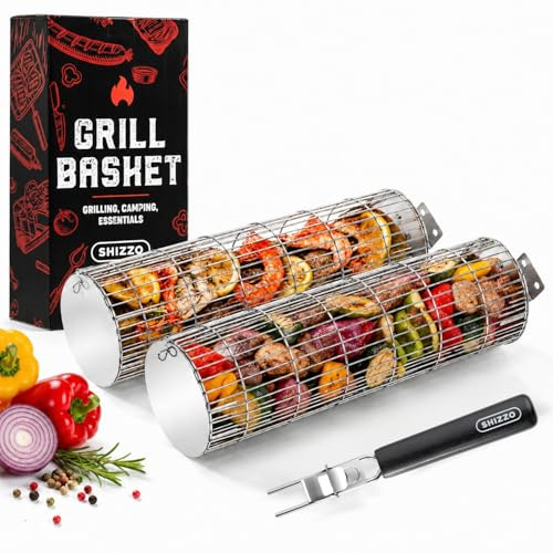 SHIZZO Cesta rodante para parrilla, mango de madera extraíble, cesta cilíndrica extra resistente, acero inoxidable de grado alimenticio, accesorios portátiles para acampar al aire libre, rejilla de