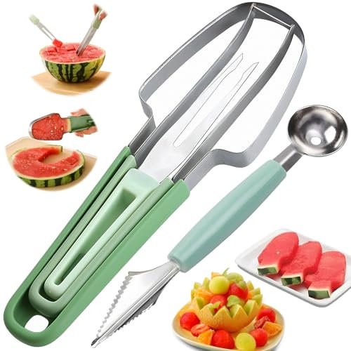 Defvnsy 5 in 1 Watermelon Slicer Cutter, Stainless Steel Melon Baller Scoop Set, Multifunctional Watermelon Slicer Tool Knife Fork Kit, Portable Nestable Fruit Cutter for Kitchen Camping