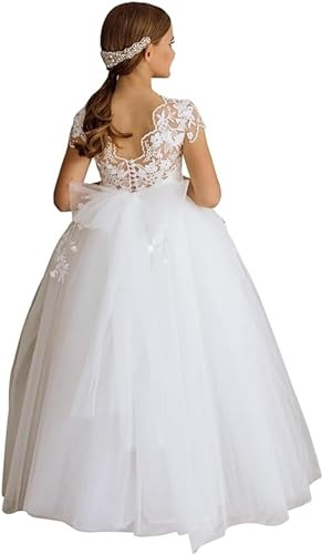 GZCYL Vestido de Primera Comunión de Sencillo Encaje Blanco de Tul Vintage Largo para Niña de las Flores para Boda, blanco, 9-10 años