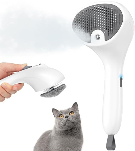 Euqvunn Katzenbürste mit Dampf mit Auslöseknopf, [Ultra-Leises Design/Komfort-Griff] Pet Dampfbürste Katze Steamy Brush Hundebürste Wiederaufladbar Katzen mit Spray für Katzen, Hunde, Kaninchen