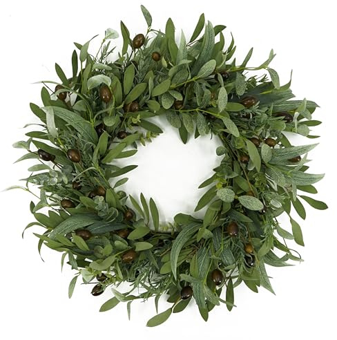 WreathDream 22 inch Olive Wreaths for Front Door Greenery Wreath with Olive Leaves, Bean for All Season Front Door Indoor Outdoor Farmhouse Home Wall Window Festival Wedding Decor