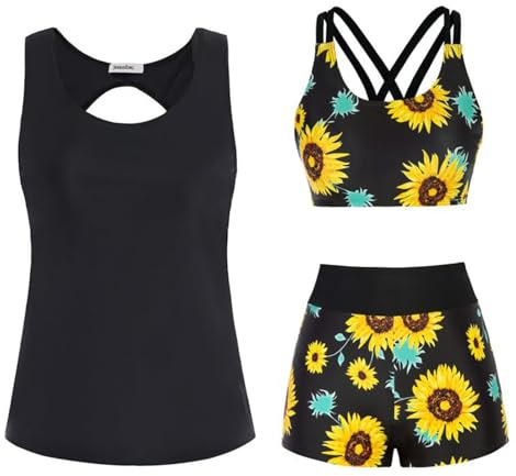 2025 Tankini Mujer Abdominal Traje de Baño Conjuntos de 3 Piezas Estampado de Flores Traje de Baño Vestido de Baño Cintura Alta con Bañador y Parte Superior Traje de Baño Push Up Swimwear Verano Playa