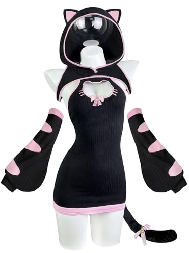 KORURACLUB Cosplay Anime Bodysuit Cat Outfit(4-Piece Set) Sexy Halloween Cosplay Lingerie for Women (Tabby Black, L-XL)