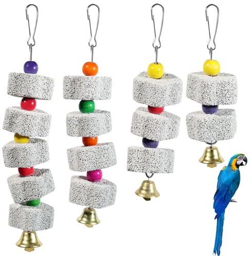 4 Piezas Juguete Masticable para Aves con Campanas, Piedra Mineral para Pico, Juguetes con Cuentas de Madera para Loros, Periquitos y Aves Pequeñas, Accesorios Jaula Aves en 4 Tamaños (12.5-22cm)