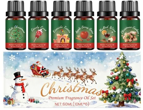 Christmas Essential Oils Set,Natural Diffuser Oils,6x10ml Holiday Fragrance Oil Gift for Diffuser, Candle, Candy Cane, Xmas Trees, Christmas Puddings (1PCS)