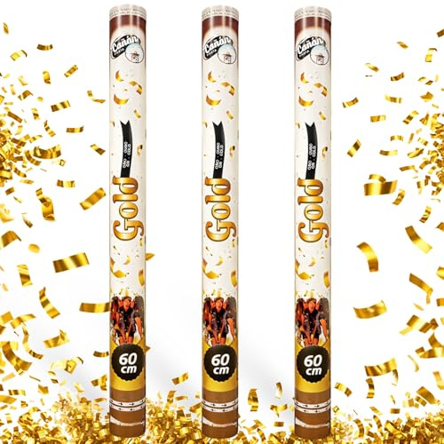 Cañón Confeti Boda, Cañón para fiestas y eventos, Fáciles y Seguros de Usar, Apto para bodas, eventos, celebraciones, Uso interior y Exterior, Diseño Metalizado Dorado, 60 cm, Pack de 3 unidades